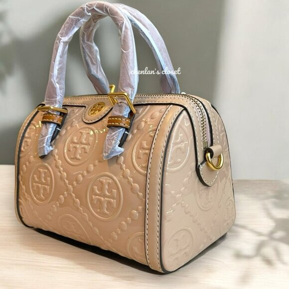 🔥NeW! Tory Burch T MONOGRAM PATENT EMBOSSED PETITE BARREL BAG - Picture 6 of 11